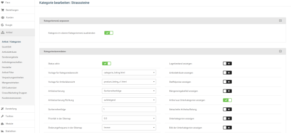 Kategoriemenue anpassen Adminansicht
